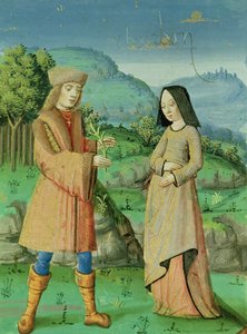 Ms 493 fol.123v Møde mellem Aeneas og Anne, søsteren til Dido, fra Æneiden med kommentarer af Servius, 1469 af French School