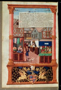 Ms 5062 fol.149v En gade med butikker og våbenskjoldet af Robert Stuart, Marshall of dAubigny Lucrece, fra Livre de Gouvernement des Princes af Gilles de Rome af French School