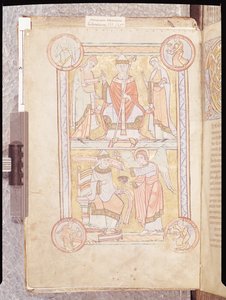 Ms 512 fol.4v St. Gregory den Store (ca. 540-604) mellem hans far, Gordien, og hans mor, Silvia og en druknet mand som en engel, fra Liber Pastoralis af French School