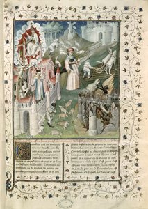 Ms 55 t.2 fol.3 Guds by, byen Caen og lasternes by, fra La Cite de Dieu af St. Augustin af Hippo (354-430) oversat af Raoul de Preles (1316-82) af French School