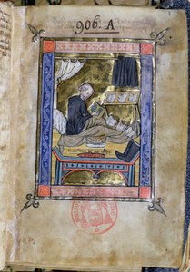 Ms 753 Fol.9 Munk skriver i sin seng, fra Flores Bernardi af Guillaume de Tournai af French School