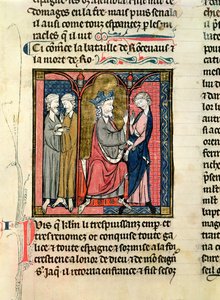 Ms 782 f.152r Charlemagne (742-814) sender Ganelon til Saragossan Kings, Marsile og Baligant, fra Chroniques de Saint-Denis, ca. 1275 af French School