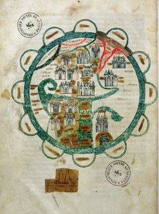 Ms 782 fol.16v. Kort over verden i form af en globus, miniature fra Grandes Chroniques de Philippe le Hardi