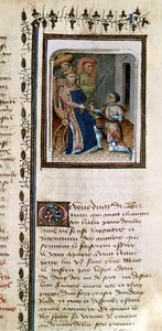 Ms 814 f.125r Bertrand du Guesclin (1320-80) slået til ridder af kongen, fra Histoire de Du Guesclin af French School
