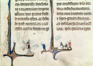 Ms 838 fol.55 En mand, der kører sit æsel, der bærer poser med hvede til en vindmølle, fra Obituaire de Notre Dame de Pres, efter 1270 af French School