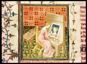 Ms Fr 124220 fol.101v St. Marcia (d.632) Maler et selvportræt, fra De Claris Mulieribus, fra , af Giovanni Boccaccio (1313-75) af French School