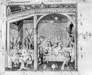 Fr 1584 Musikere underholder ved en banket, ca. 1370 (manuskript) af French School