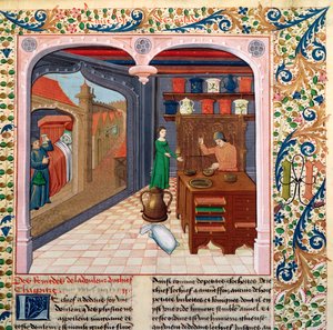 Fr 218 fol.111 En patient i sin seng og en apoteker, der forbereder medicin, fra Le Livre des Proprietes des Choses af Barthelemy lAnglais af French School