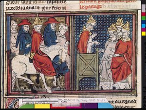 Fr 22495 Fol.15 Koncilet i Clermont og Pave Urban IIs ankomst (ca. 1035-99) i Frankrig, fra Le Roman de Godefroi de Bouillon, 1337 af French School