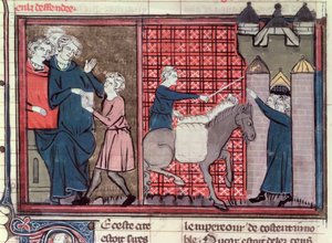 Ms Fr 22495 Fol.37v En budbringer bliver sendt for at redde Antiochia, fra Le Roman de Godefroi de Bouillon, 1337 af French School