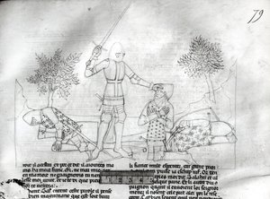Fr 343 f.79 Bevæbning af en ridder på en slagmark fra Lancelot du Lac af French School