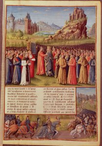 Fr 5594 f.138 Sankt Bernard (ca. 1090-1153) af Clairvaux prædikede det andet korstog i nærværelse af kong Louis VII (ca. 1120-80) af Frankrig i Vezelay i 1146, fra Passages faits Outremer skrevet af French School