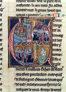 Fr 9081 fol.206 Historikert initial C forestillende Conrad III (1137-52) Kejser af Tyskland og Ludvig VII (1120-80) Konge af Frankrig, belejrede Damaskus i 1148, fra Histoire de Jerusalem af Vilhelm af af French School