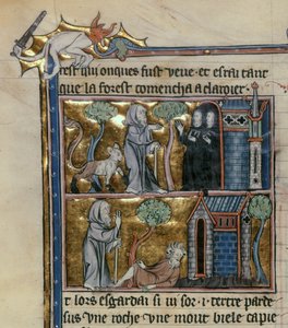 Fr 95 f.4v Eremit og udyr, fra lHistoire du Saint Graal, c.1280-90 af French School
