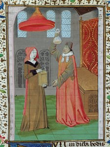 Ms H 7 fol.164r En læge, der undersøger St. Elizabeths urin for at se, om hun er gravid, fra Bibelen af Jean XXII af French School