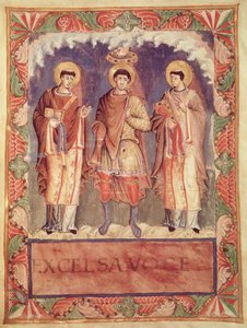 Ms Lat 1141 fol.2v Kroningen af Charles II (823-877) med ærkebiskopperne af Reims og Treves, fra Sacrementaire de Metz (se også 159999) af French School