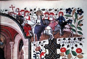 Ms Lat 1156b Fol.167 Detalje af paven på sit muldyr med sit følge, fra en illustration af Sankt Peter, fra Marguerite d
