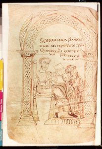 Ms Lat 13396 Fol.1 Isidore tilbyder sit arbejde til sin søster Florentina, fra De Catholic Faith fra Det Gamle og Nye Testamente mod jøderne af Isidore af Sevilla (ca. 560-636) ca. 800 af French School