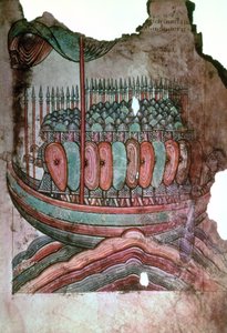 Ms Lat 1390 fol.7 normanniske soldater krydser den engelske kanal fra La Vie de Saint Aubin dAngers af French School