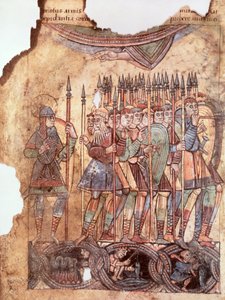 Ms Lat 1390 fol.7v Foot Soldiers in the Crusades, fra La Vie de Saint Aubin dAngers af French School