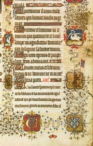 Ms Lat 919 fol.96 Detalje af våbenskjolde og dyredekoration, fra St. Peter Leading Jean de France (1340-1416) Hertugen af Berry til Paradis, fra Grandes Heures de Duc de Berry af French School