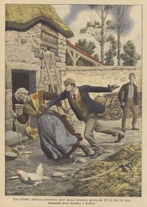 Drab på en landmand af to unge på 17 og 13 år i Firminy, Frankrig (farve litho) af French School