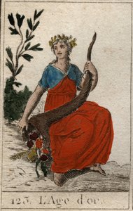 Myte om menneskehedens tidsalder: repræsentation af guldalderen, som en ung jomfru med perfekt skønhed, kronet med blomster og med et horn af overflod (Golden Age skildrer som en ung og smuk kvinde, der holder et overflødighedshorn og kronet med blomster). af French School
