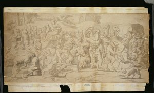 Mytologisk scene med satyrer (pen, blæk og lavering på papir) af French School