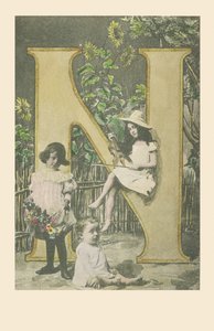 N: En pige, der holder en violin, en anden bærer blomster, en babysitter af French School