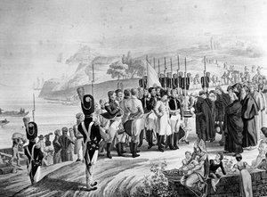 Napoleon (1769-1821) ankommer til øen Elba, 1814 af French School