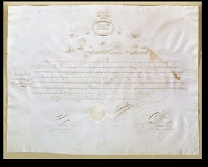 Napoleon Bonaparte (1769-1821) tilladelse til køb af Louisiana af USA, 30. april 1803 (blæk på vellum) af French School
