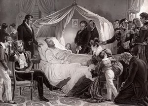Napoleon I på sit dødsleje på St. Helena den 5. maj 1821 efter et maleri af Charles de Steuben af French School