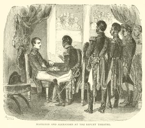 Napoleon og Alexander ved Erfurt Theatre (gravering) af French School