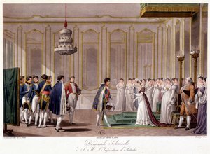 Napoleon spørger Marie Louise i ægteskab med imponen af ​​Østrig - i "" Historisk opsummering af krigen mellem Frankrig og Østrig i 1809 "" af French School