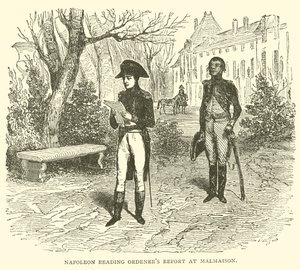 Napoleon læser ordeners rapport ved Malmaison (gravering) af French School