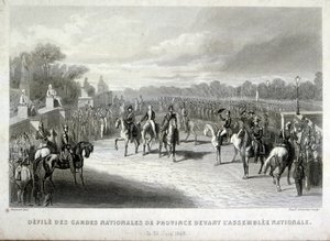 Nationalgardens soldater beskytter nationalforsamlingen i Paris. Gravering under den franske 1848-revolution (gravering) af French School