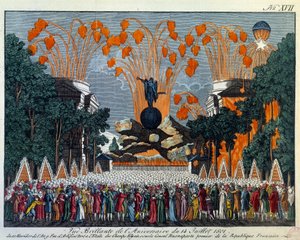 Nationalfesten den 14. juli 1801 på Champs Elysees i Paris: Fyrværkeri finder sted fra stjernen på Champs Elysees i Paris. Tryk fra 1801 Paris, Musee Carnavalet af French School