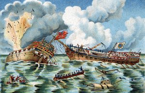 Søkamp mellem "Supervisante" og "Quebec", 6. oktober 1779 ikke langt fra Ouessant. Den franske fregat blev kommanderet af kaptajn Du Couedic de Kergoaler, den engelske fregat af kaptajn Farmer. Kromolitografi omkring 1890. af French School