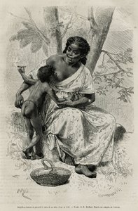 Negillon ryger og tager brystet af sin mor i Darien-regionen (det østlige Panama), graverer efter en tegning af D.Maillart, for at illustrere historien Exploration at Panamas and Dariens isthms, af A. Reclus, skibsløjtnant, fra 1876 til 1878 af French School