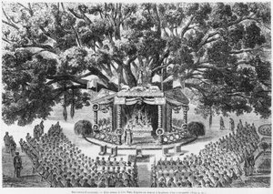 Ny Kaledonien, der fejrer messe på øen Nou, efter en pen- og blæktegning af en transporteret, illustration fra bulletinen Les Missions Catholiques, 1875 af French School
