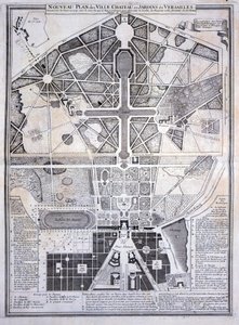 Ny plan for byen, slottet og haverne i Versailles, 1714, fra Les Plans, Profils et Elevations des Villes et Chateau de Versailles, udgivet ca. 1715 af French School