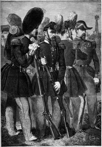 Nye uniformer for den franske imperiale garde i 1860. Indgravering i "" Le Monde Illustré"" nr. 165 af 9. juni 1860. af French School