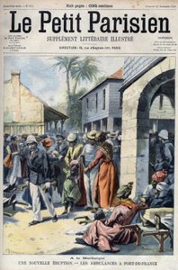 Nyt vulkanudbrud fra vulkanen Montagne Pelee på Martinique: ambulancer i Fort de France (Fort-de-France). Indgravering i ""Den lille pariser"" af French School