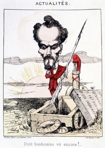 Nyheder - Lille bonhomme vit encore!. Karikatur om Rochefort, der står i en grav. af French School