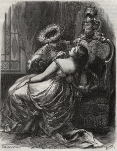 Dejlig hals! At en bøddel gerne ville skære ham af! Kong Henrik VIII af England (1491-1547) med sin kone, Catherine Parr (1512-1548). Indgravering fra 1871 i "Histoire Des Cocus Celebres"" af Henry de Kock (1819-1892). af French School