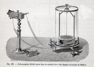 Nobili galvanometer placeret i kredsløbet af et termoelektrisk batteri af Melloni - i "" Populær fysik"" af Emile desbeaux af French School