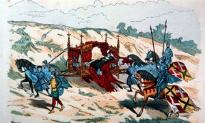 Adelsmand bliver båret i et kuld af holdere i det 14. århundrede i Europa (farve litho) af French School