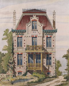 Normannisk villa ved Villers sur mer, Normandiet, illustration fra Le Moniteur des architectes, 1883 (farvegravering) af French School