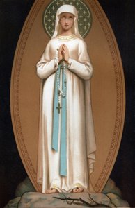 Notre Dame de Lourdes: repræsentation af Jomfru Maria, som den ville have set ud for Bernadette Soubirous i Lourdes-hulen i 1858. Kromolitografi. Frontispice af "" Notre Dame de Lourdes"" af Henri Lasserre af French School