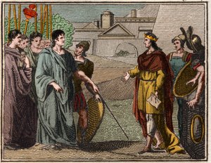 Numa Pompilius, legendarisk anden konge af Rom, returnerer det hellige skjold til præsterne på Mars. af French School